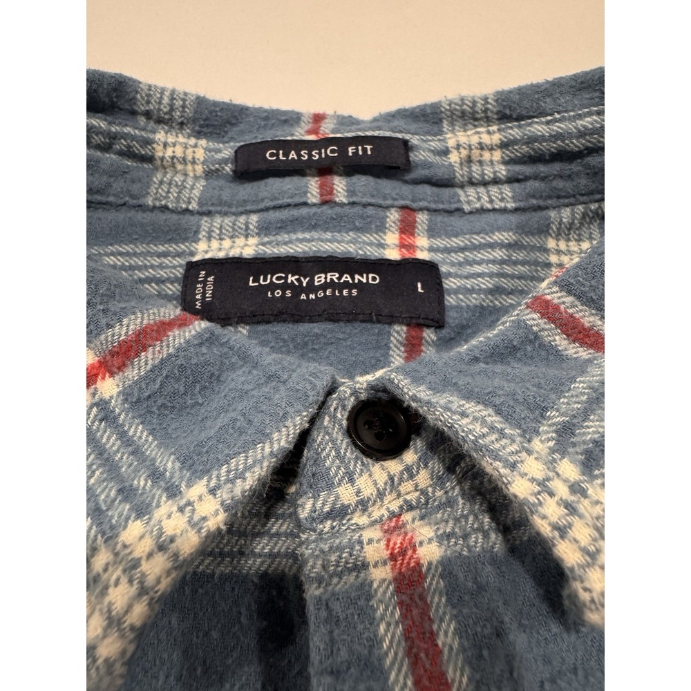 Lucky Brand Mens Large Classic Fit Blue Plaid Flannel Shirt 100% Cotton L
